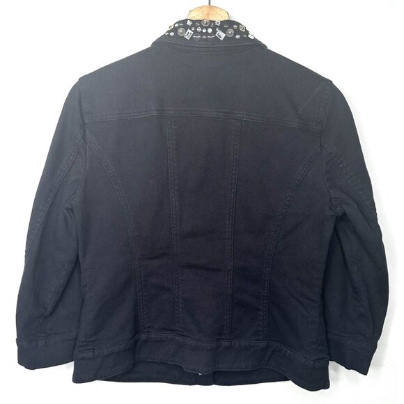 Spanner Womens Denim Jean Jacket Rhinestone Collar Boho Snap Button Black Size 2 - Picture 2 of 12